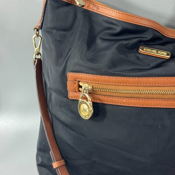 Michael Kors Kempton Black Nylon Brown Leather Accents Hobo/Shoulder/Crossbody - Picture 2 of 14
